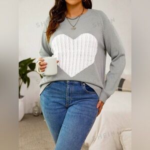 New Soft & Cozy Long Loose Light Gray & White Heart Sweater Size XL NWOT